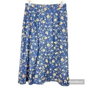 Pendleton Plus Blue Feminine Floral Modest Linen Blend Vintage 90s Midi Skirt 14